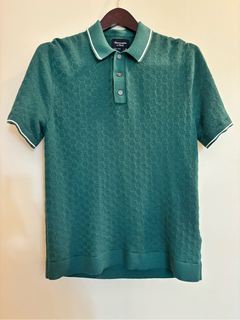 Abercrombie & Fitch Green Short-Sleeve Textured Polo with Contrast Tipping